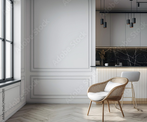 Aesthetic elegant modern iinterior design with classic elements. Clear mock up empty wall for decoration in the apartment. Copy space in the room with moldings. Neutral palette of natural colors photo