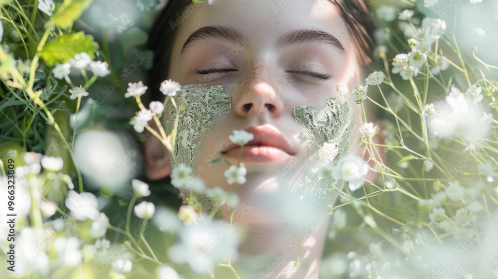 A serene beauty with a floral face mask surrounded by fresh greenery and delicate flowers for a calming natural experience. A serene beauty with a floral face mask surrounded by fresh greenery and delicate flowers for a calming natural experience.