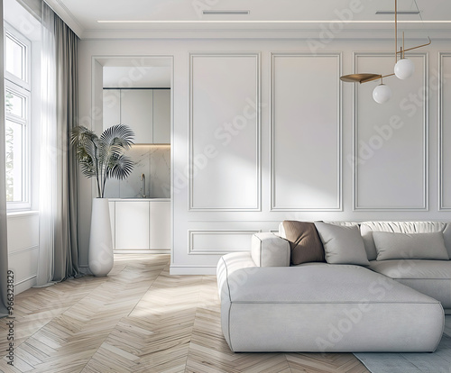 Aesthetic elegant modern iinterior design with classic elements. Clear mock up empty wall for decoration in the apartment. Copy space in the room with moldings. Neutral palette of natural colors photo