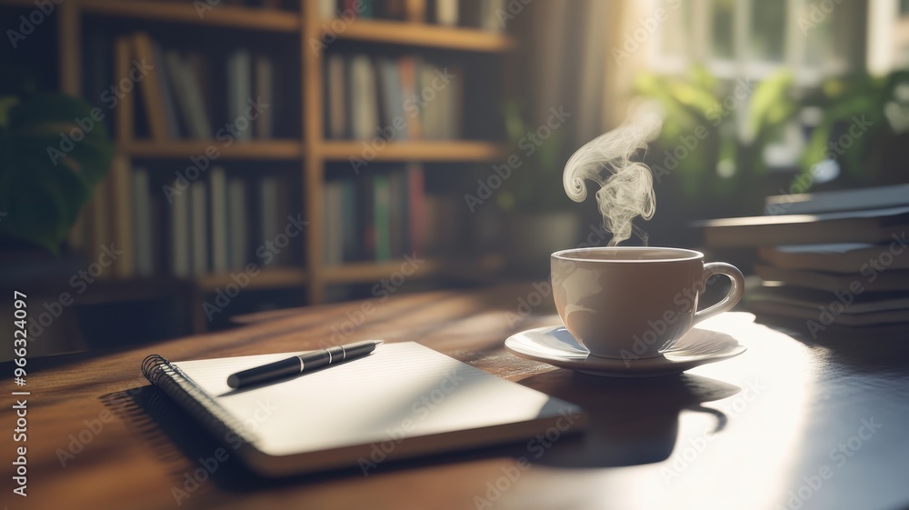 Study desk with a notebook, pen, and steaming cup of tea, soft natural light creating a studious atmosphere. Self-education Study desk with a notebook, pen, and steaming cup of tea, soft natural light creating a studious atmosphere. Self-education