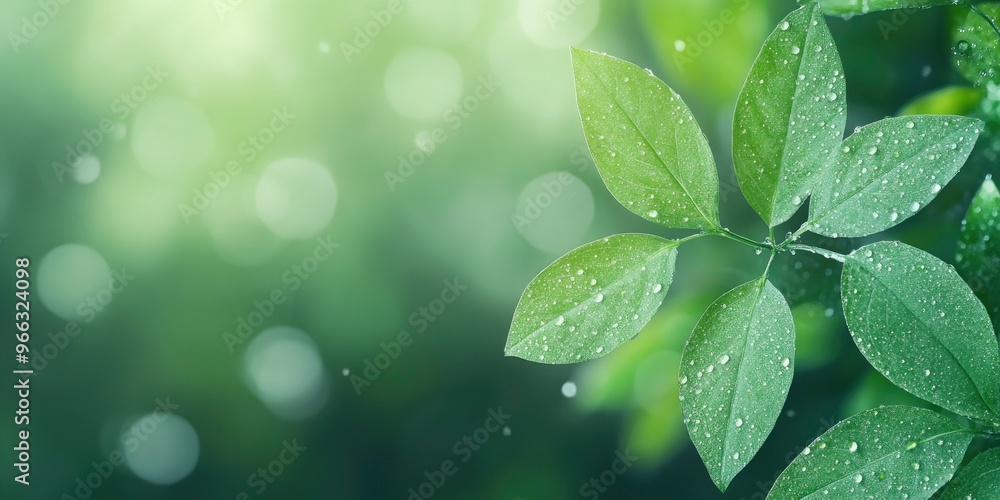 green leaf branch with water droplet on bright green blur background green leaf branch with water droplet on bright green blur background