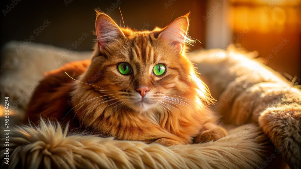 Vibrant red cat with bright green eyes and fluffy fur lounges on a cozy cushion, surrounded by soft Vibrant red cat with bright green eyes and fluffy fur lounges on a cozy cushion, surrounded by soft