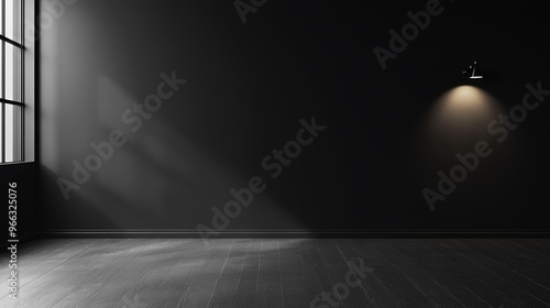 Empty room with a light from a window and a lamp on a ceiling. Room with black walls and black floor. Dark minimalistic design. Background. Simple and relaxed lifestyle.