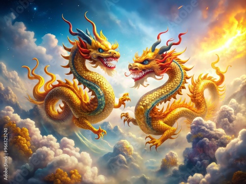 Vibrant, serpentine Chinese dragons dance amidst swirling clouds and mist, their golden scales glistening, as they