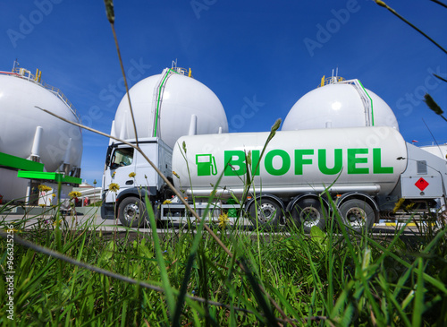 Biofuel transport truck and green environment with biofuel storage 