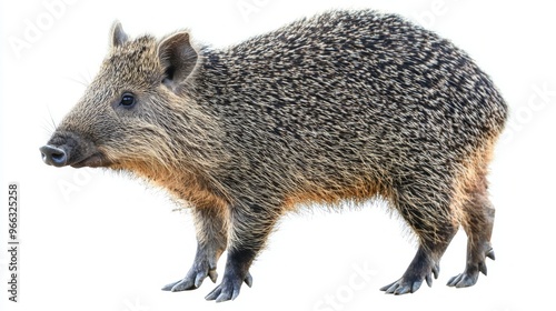 javelina displays its distinctive bristly fur and sharp tusks, highlighting its robust physique and curious nature. The isolation emphasizes this intriguing creature's charm.