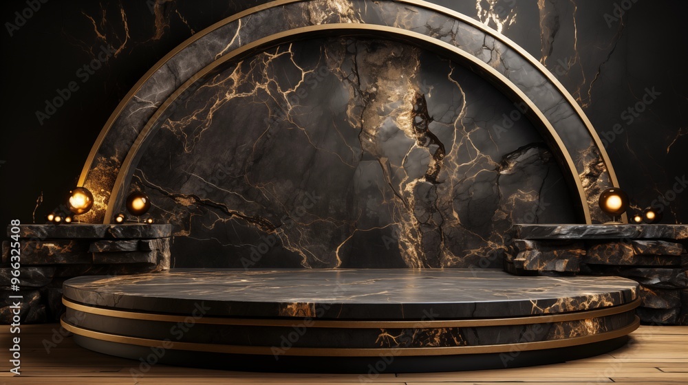 black and gold marble display podium for luxury product advertisement. black and gold marble display podium for luxury product advertisement.