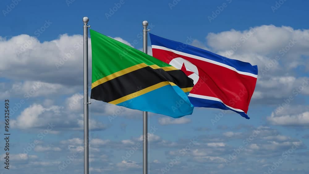North Korea and Tanzania flags flying together, video concept of the relationship North Korea and Tanzania flags flying together, video concept of the relationship