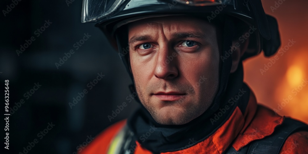 A brave firefighter stands firm in the face of danger. His determined look shows strength and commitment. This portrait captures the intensity of his profession. Courage is his everyday mission. AI A brave firefighter stands firm in the face of danger. His determined look shows strength and commitment. This portrait captures the intensity of his profession. Courage is his everyday mission. AI