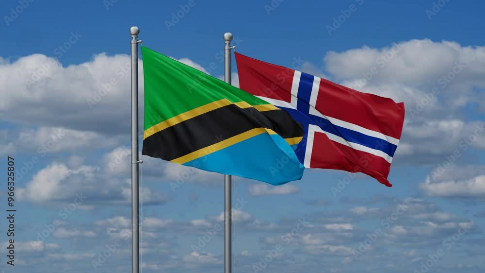 Norway and Tanzania flags flying together, video concept of the relationship, two country relations concept Norway and Tanzania flags flying together, video concept of the relationship, two country relations concept