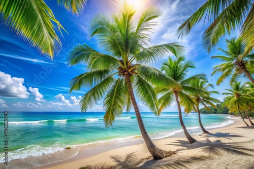 Vibrant sunny beach scene with clear blue sky, palm trees, and calm ocean waves create a refreshing and