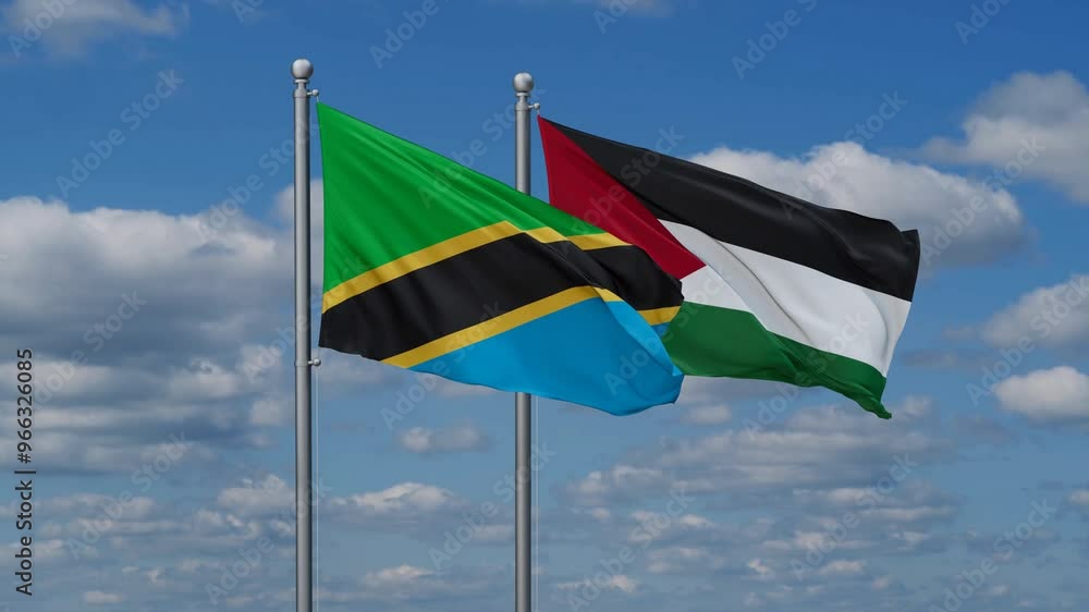 Palestine and Gaza Strip and Tanzania two flags waving together on blue , video concept of the relationship Palestine and Gaza Strip and Tanzania two flags waving together on blue , video concept of the relationship