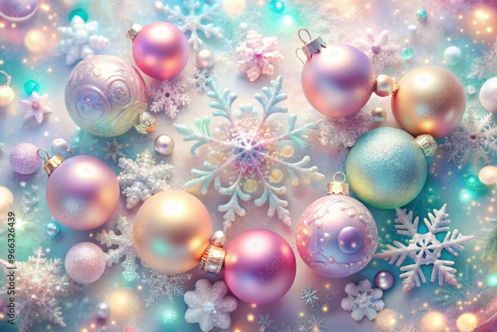Vibrant swirling snowflakes and shimmering ornaments in soft pastel hues create a dreamy, ethereal atmosphere, evoking Vibrant swirling snowflakes and shimmering ornaments in soft pastel hues create a dreamy, ethereal atmosphere, evoking