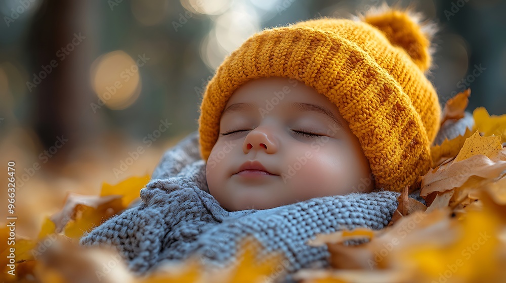 A baby wearing a yellow knitted hat sleeps peacefully in a pile of autumn leaves. A baby wearing a yellow knitted hat sleeps peacefully in a pile of autumn leaves.