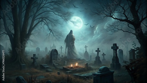 Eerie Ghostly Figure Hovering Over an Old Grave Perfect For Halloween Themes and Spooky Decor