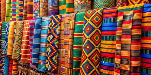 Vibrant traditional African textiles unfold with intricate patterns and bright colors, showcasing diverse Ghanaian photo