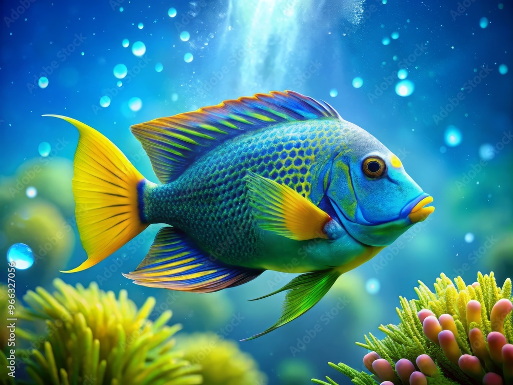 Vibrant turquoise fish with yellow fins and scales, swimming amidst seaweed and bubbles, against a bright blue Vibrant turquoise fish with yellow fins and scales, swimming amidst seaweed and bubbles, against a bright blue