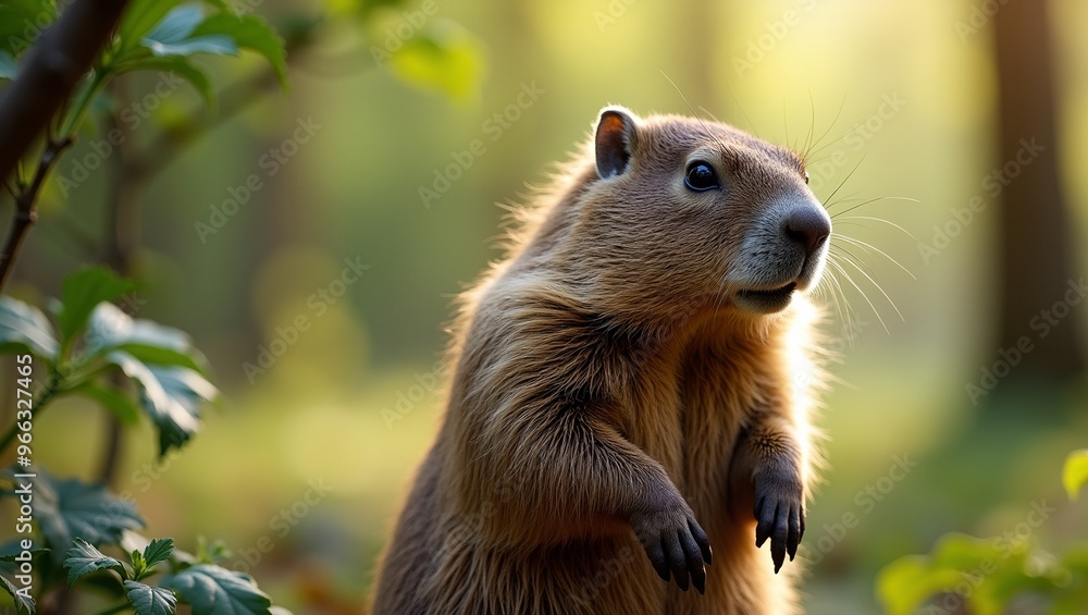 Fototapeta premium Closeup of a groundhog standing upright in a forest with sunlit leaves