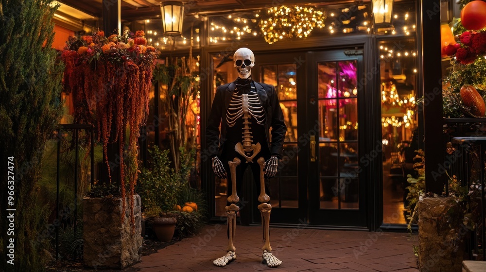 A skeleton figure stands outside a warmly lit venue adorned with festive decorations. A skeleton figure stands outside a warmly lit venue adorned with festive decorations.