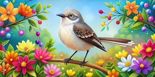 Vibrant, whimsical illustration of a cartoon mockingbird perched on a branch, surrounded by colorful flowers and