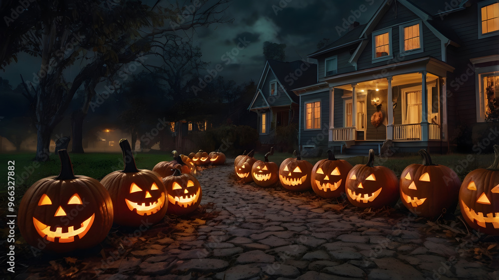 A festive Halloween night with glowing jack-o'-lanterns lining a stone pathway in a suburban neighborhood A festive Halloween night with glowing jack-o'-lanterns lining a stone pathway in a suburban neighborhood