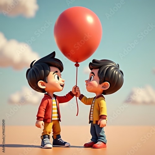 Two Happy Children Sharing a Red Balloon in a Cheerful Outdoor Setting