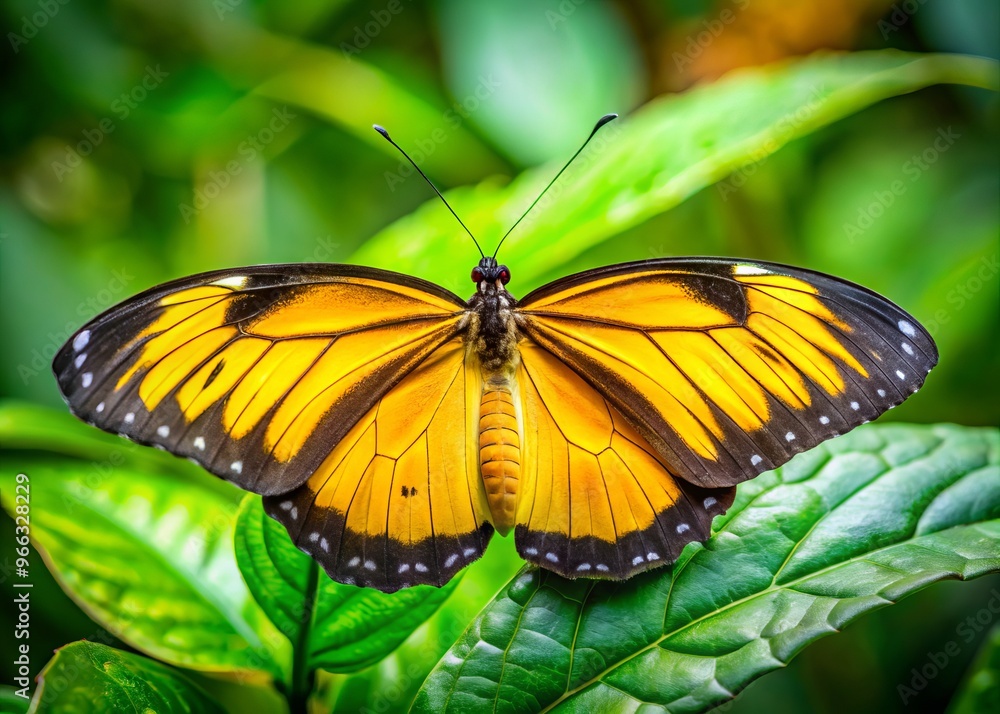 Vibrant yellow butterfly with delicate wings and black veins perched on a leaf, surrounded by lush greenery, Vibrant yellow butterfly with delicate wings and black veins perched on a leaf, surrounded by lush greenery,