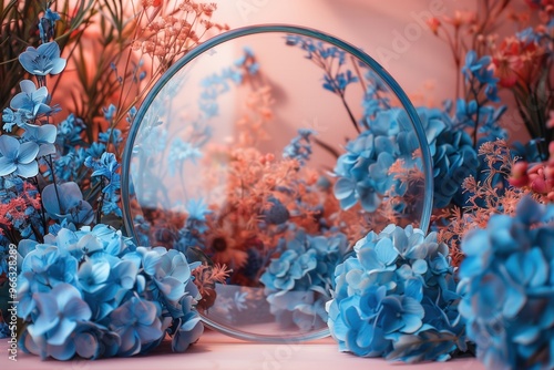 A blue and pink flower arrangement is displayed in a glass bowl