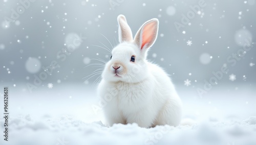 Beautiful arctic hare in snow with falling snowflakes