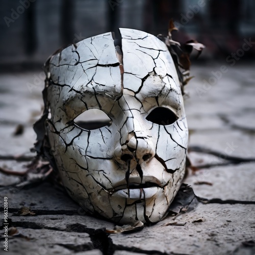 A close-up of a cracked ceramic mask lying on a weathered pavement, evoking themes of decay, mystery, and the passage of time. The detailed cracks and texture of the mask and pavement create a photo