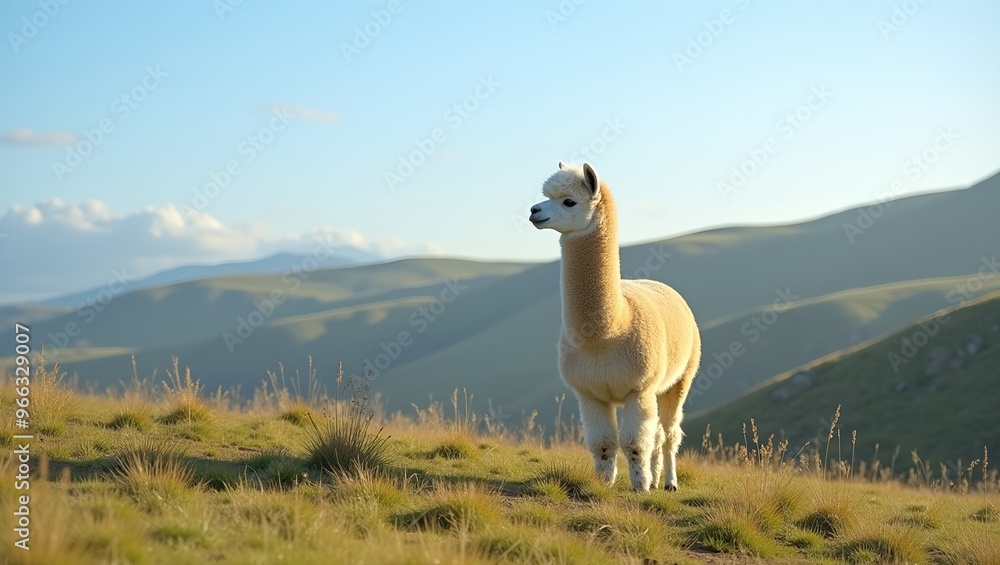 Fototapeta premium Majestic alpaca on grassy hill blue sky rolling hills