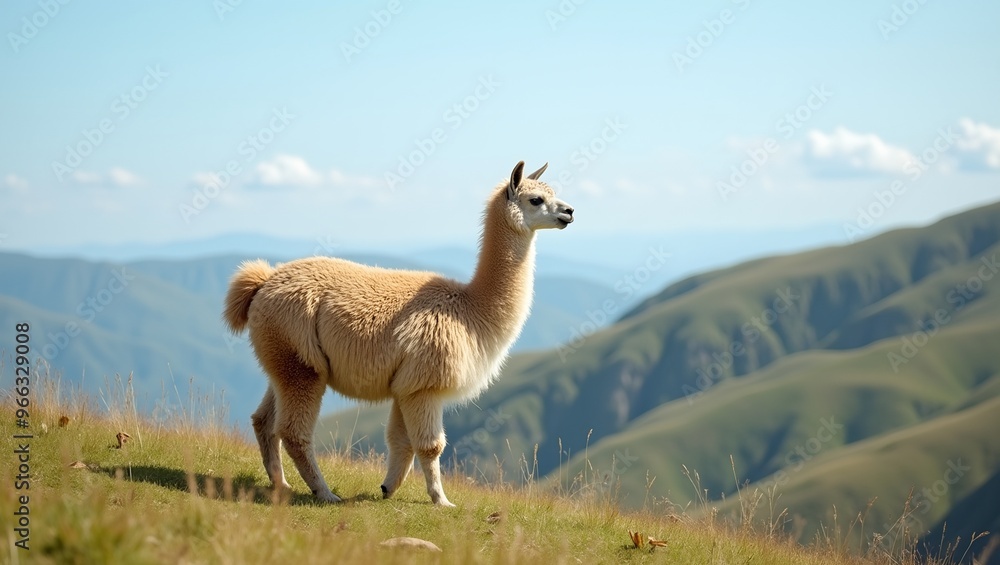Obraz premium Majestic alpaca on grassy hill blue sky rolling hills
