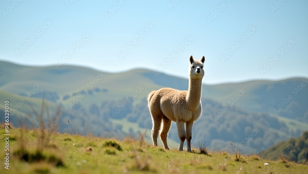 Obraz premium Majestic alpaca on grassy hill blue sky rolling hills