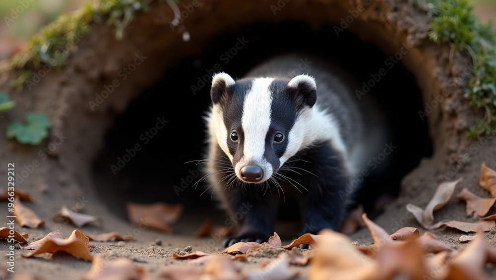 Fototapeta premium European badger peeking from burrow in soft evening light black and white face markings visible