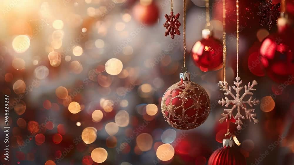 Festive Christmas and New Year decorations with snowflakes and ornaments in slow motion glowing bokeh background Festive Christmas and New Year decorations with snowflakes and ornaments in slow motion glowing bokeh background