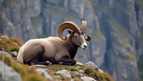 Majestic blue sheep on rocky slope with intricate horns against rugged cliff backdrop photo