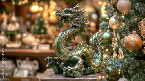 Toy Christmas tree with a green dragon on the background of the Chinese New Year holiday.