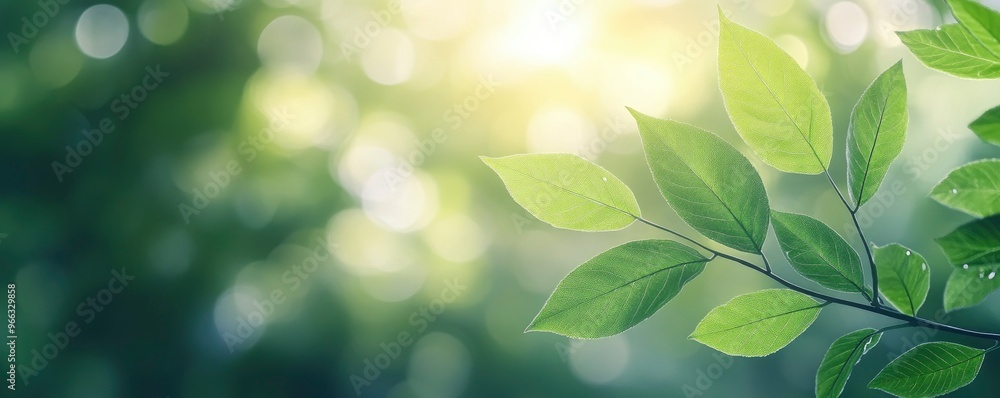 Naklejka premium green leaf branch with water droplet on bright green blur background