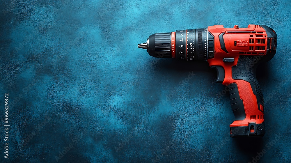 Red cordless drill on blue background with copy space. Red cordless drill on blue background with copy space.