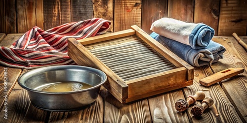 Vintage-style wooden washboard with metal scrubbing surface and worn wooden handle, surrounded by soap, water, and photo