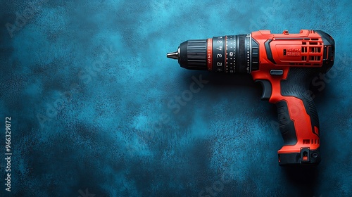 Red cordless drill on blue background with copy space.