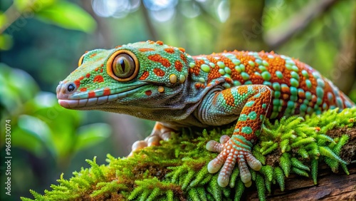 Vivid green and orange tokay gecko lizard perches on a moss-covered branch, its large eyes and vibrant color photo