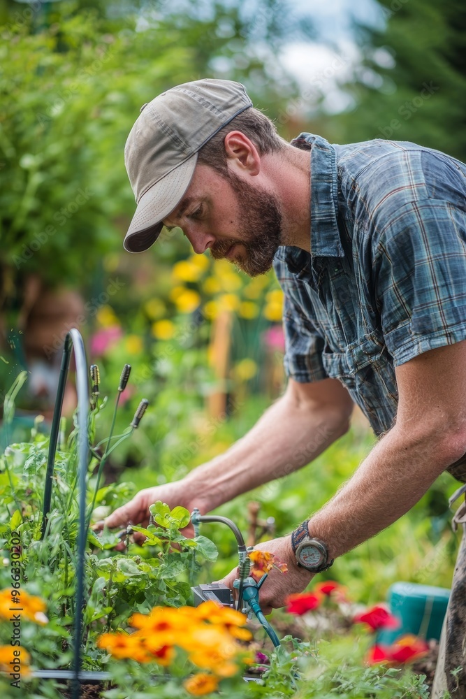 Fototapeta premium Man Designing Water Saving Irrigation System in Thriving Garden with Hoses and Timers