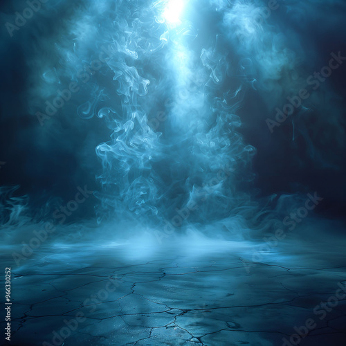  Empty and dark abstract scene, blue abstract stage, neon light, spotlights and studio room with smoke floating in the interior texture for displaying products on the wall background