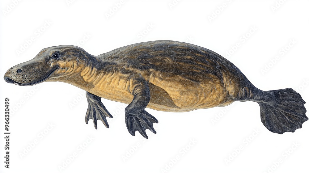Naklejka premium platypus glides effortlessly through water, its webbed feet splayed for maximum propulsion. This unique creature showcases remarkable adaptation to its aquatic environment.
