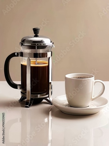 French press coffee maker and cup of coffee on table with light background. AI generated.