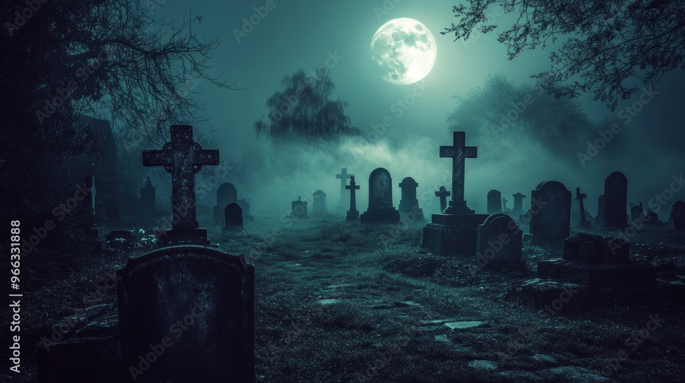 A misty graveyard illuminated by a full moon, creating an eerie and atmospheric scene. A misty graveyard illuminated by a full moon, creating an eerie and atmospheric scene.