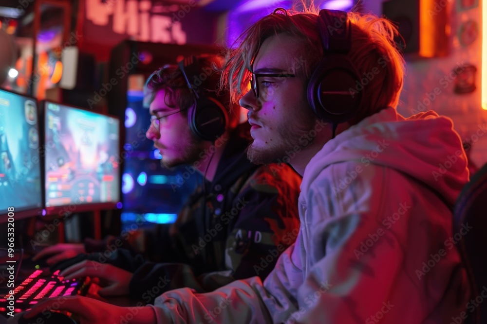 Two men are playing a video game in a dimly lit room, generative ai image Two men are playing a video game in a dimly lit room, generative ai image
