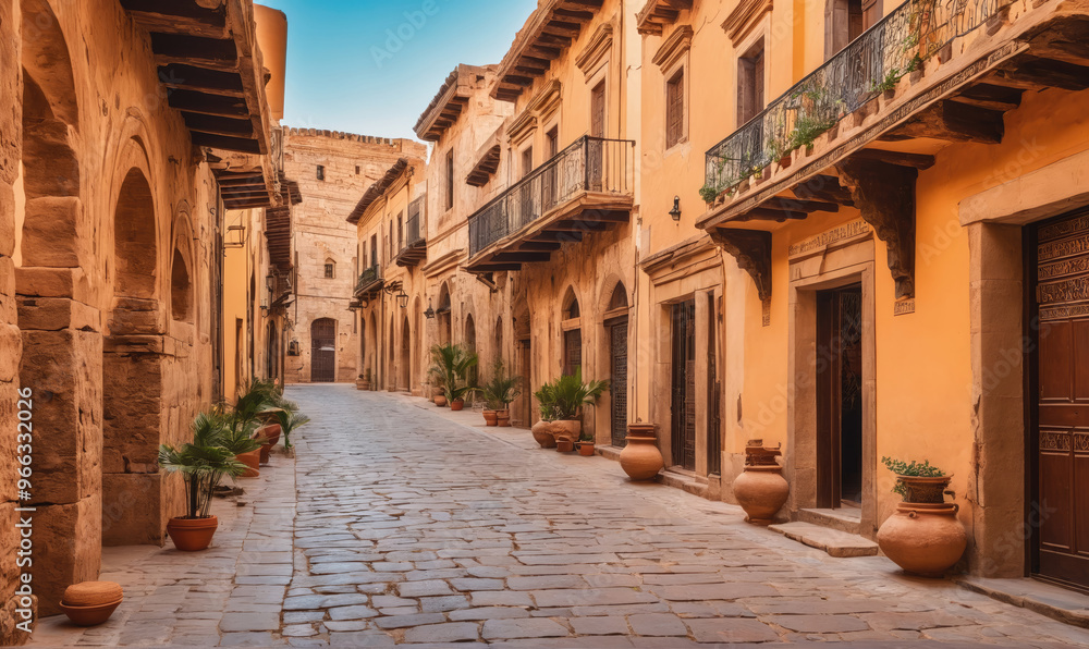 A narrow, cobblestone street in a historic town, lined with yellow buildings and potted plants A narrow, cobblestone street in a historic town, lined with yellow buildings and potted plants