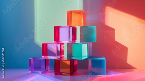 Colorful stacked blocks create a vibrant display with shadows and light, showcasing geometric shapes and hues in harmony.